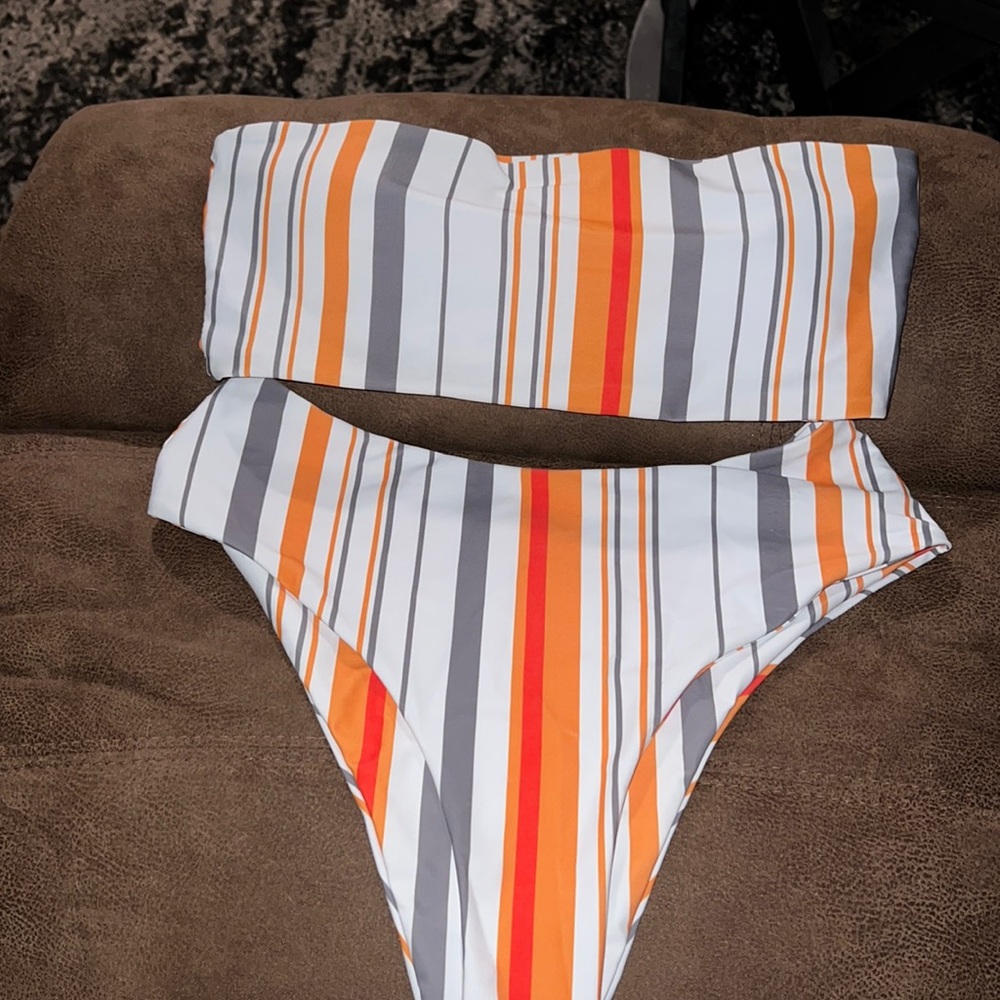 Striped gray and orange strapless bandeau bikini top high waisted cheeky bottoms